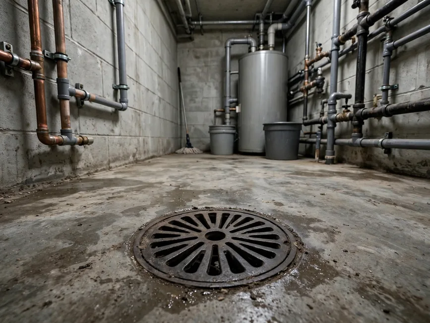 Floor drain in a utility room