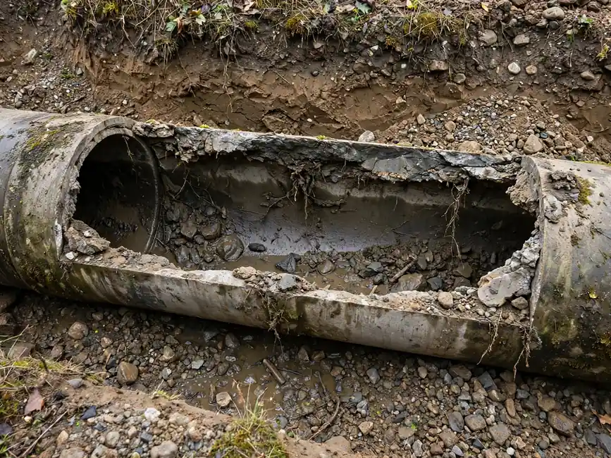 Exposed sewer pipe section