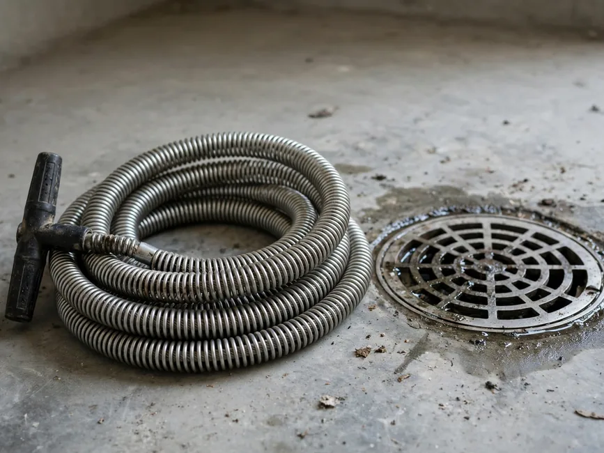 Drain snake beside a drain